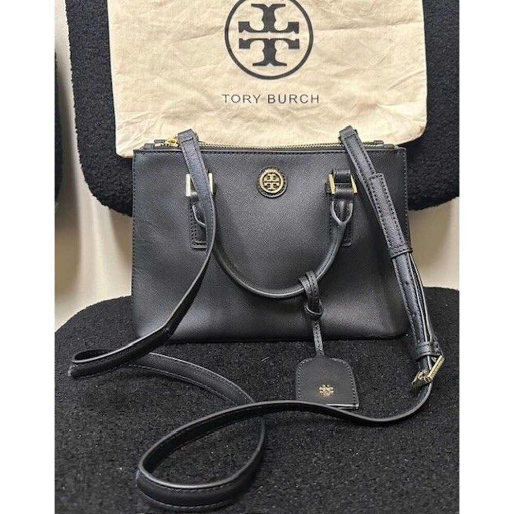 Tory Burch Tote Black Leather Robinson Micro Double-Zip Cross Body + Dust Bag